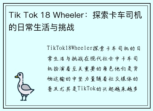 Tik Tok 18 Wheeler：探索卡车司机的日常生活与挑战